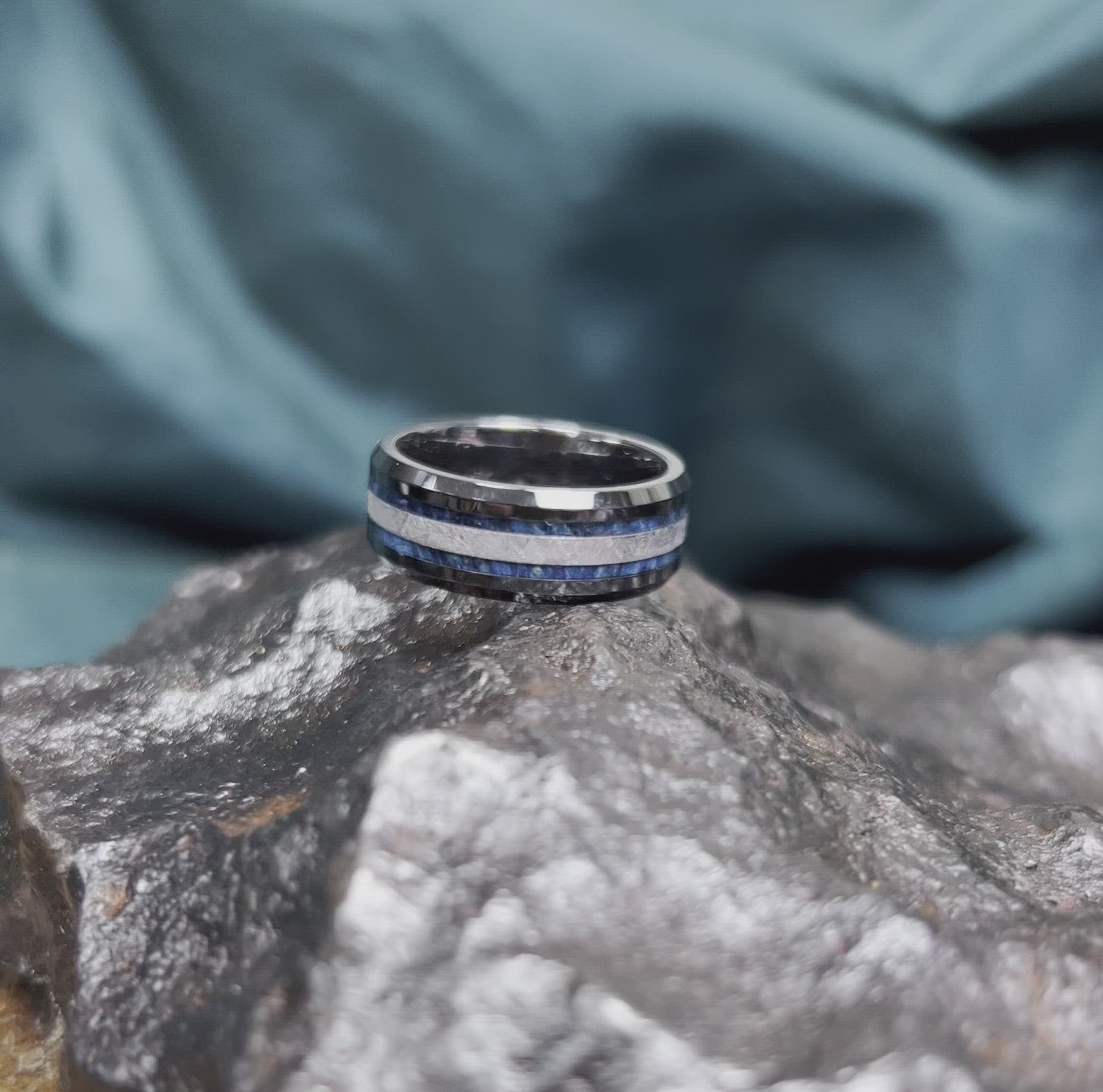 Meteorite & Blue Burl Wood Ring, Blue Wedding Band