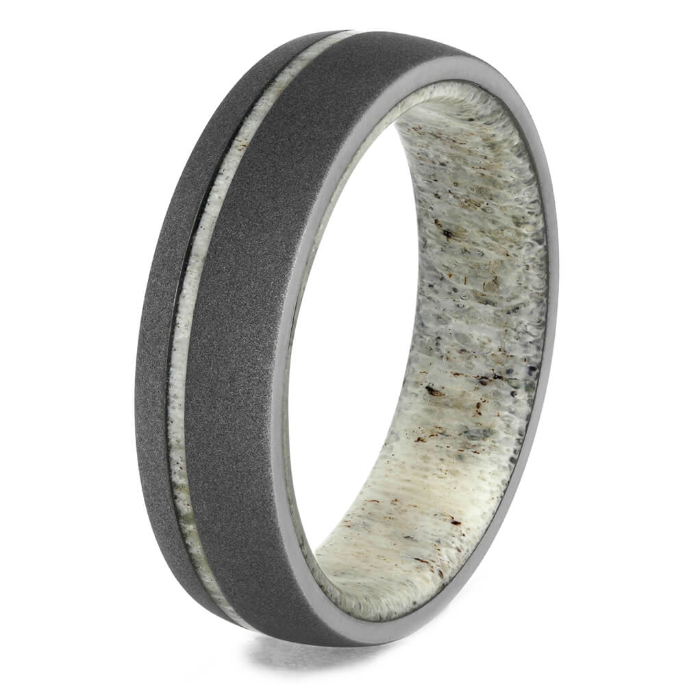 Sandblasted Titanium Wedding Band with Antler Sleeve-3946 - Jewelry by Johan