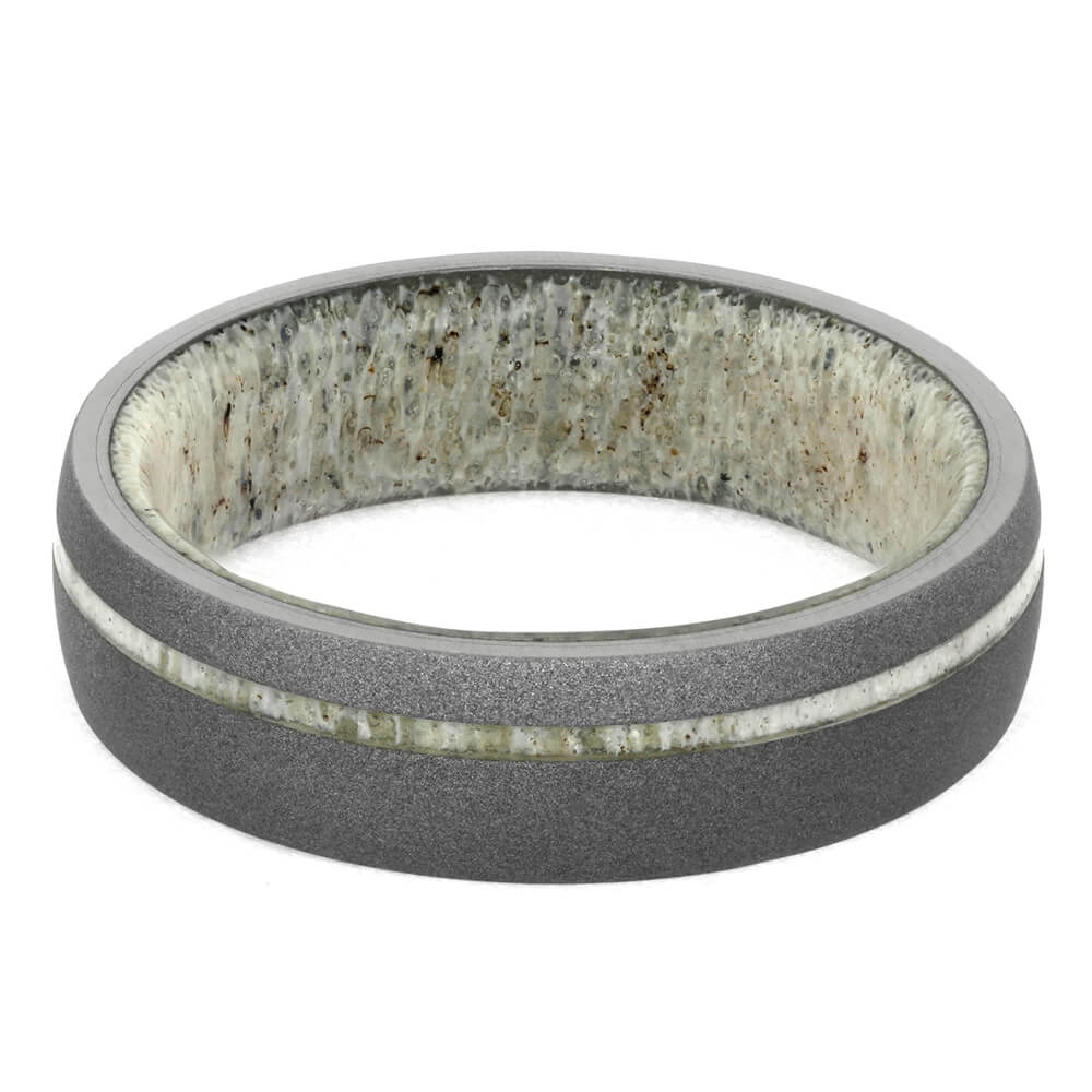 Sandblasted Titanium Wedding Band with Antler Sleeve-3946 - Jewelry by Johan