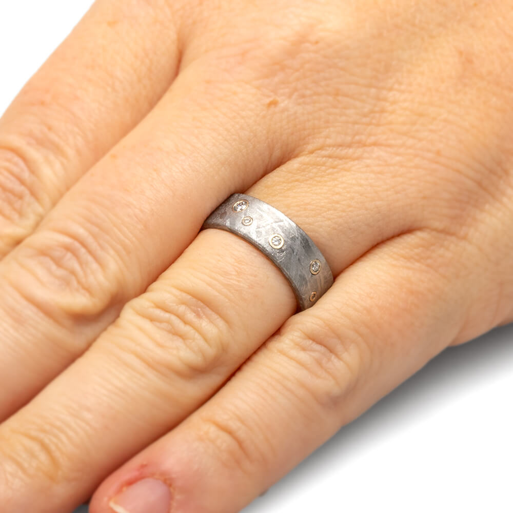 Meteorite Wedding Band With Diamonds in White Gold-1708 - Jewelry by Johan