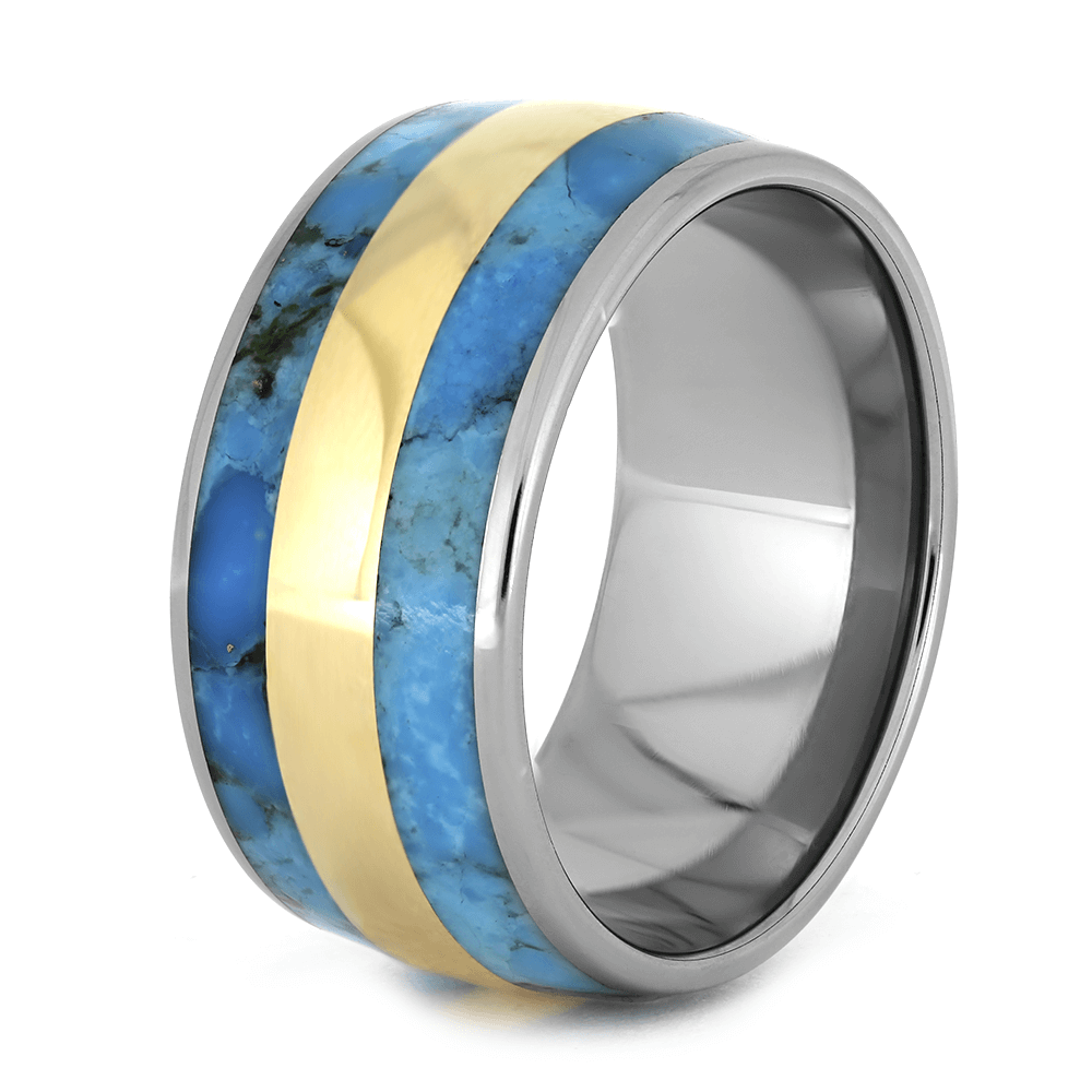 Titanium Wedding Band With Turquoise And Yellow Gold Inlay-1719 - Jewelry by Johan