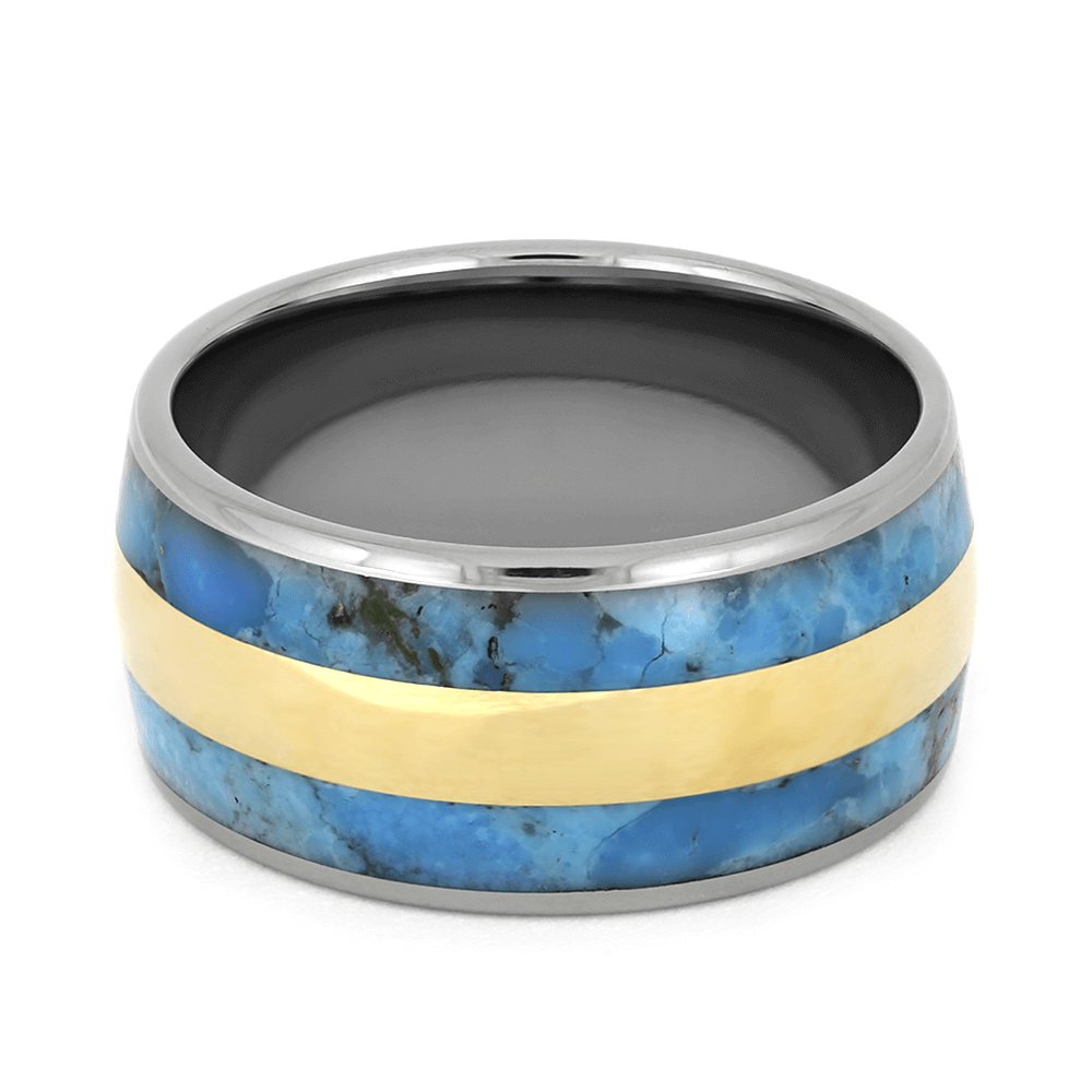 Titanium Wedding Band With Turquoise And Yellow Gold Inlay-1719 - Jewelry by Johan