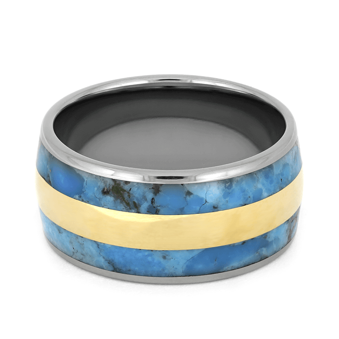 Titanium Wedding Band With Turquoise And Yellow Gold Inlay-1719 - Jewelry by Johan