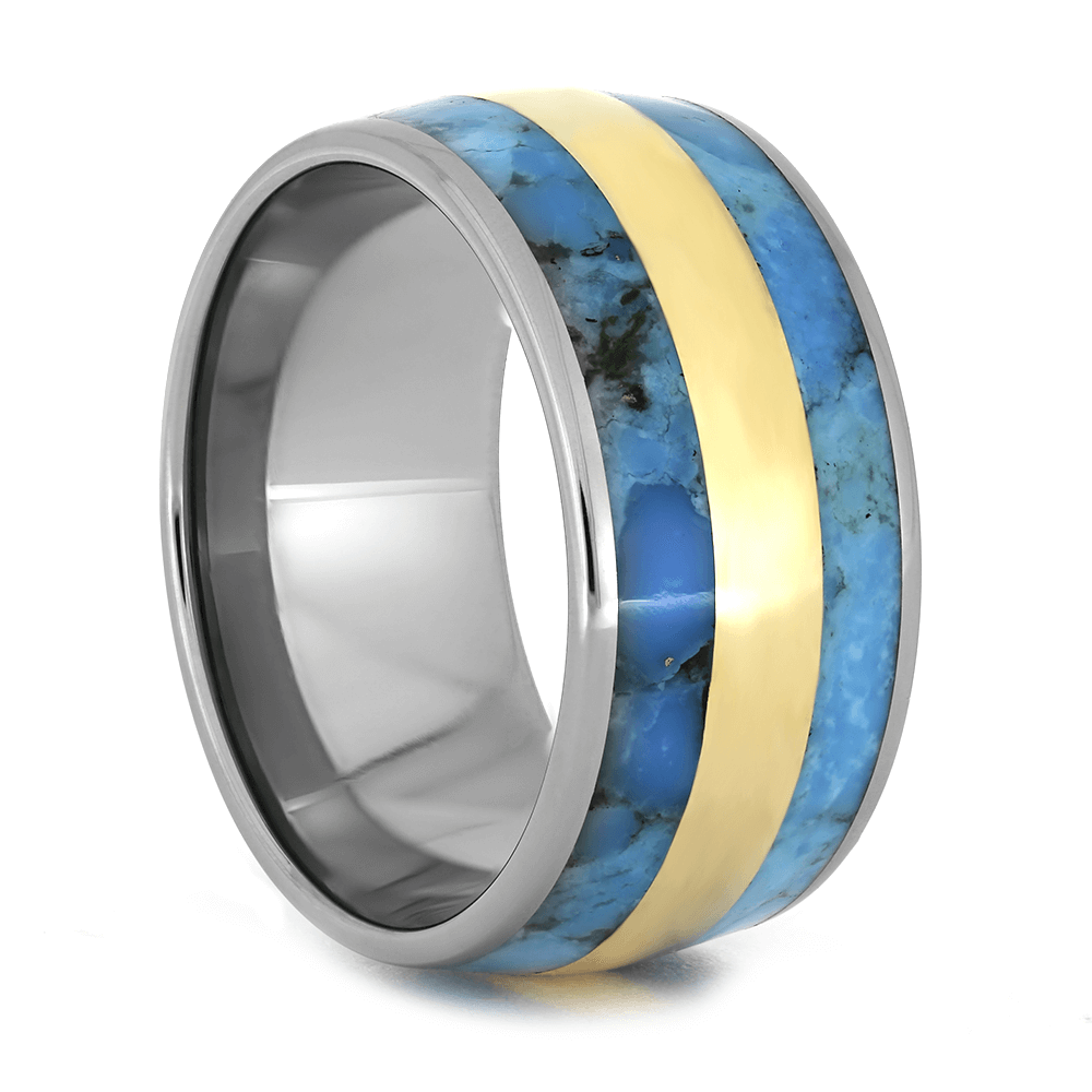 Titanium Wedding Band With Turquoise And Yellow Gold Inlay-1719 - Jewelry by Johan