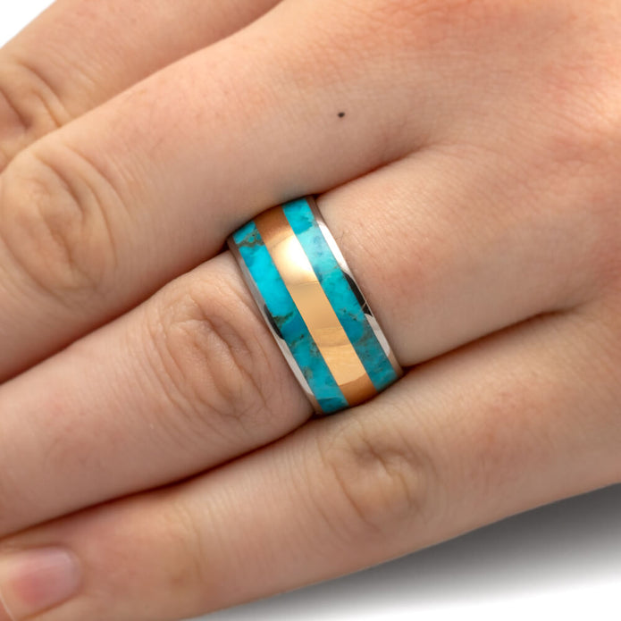 Titanium Wedding Band With Turquoise And Yellow Gold Inlay-1719 - Jewelry by Johan