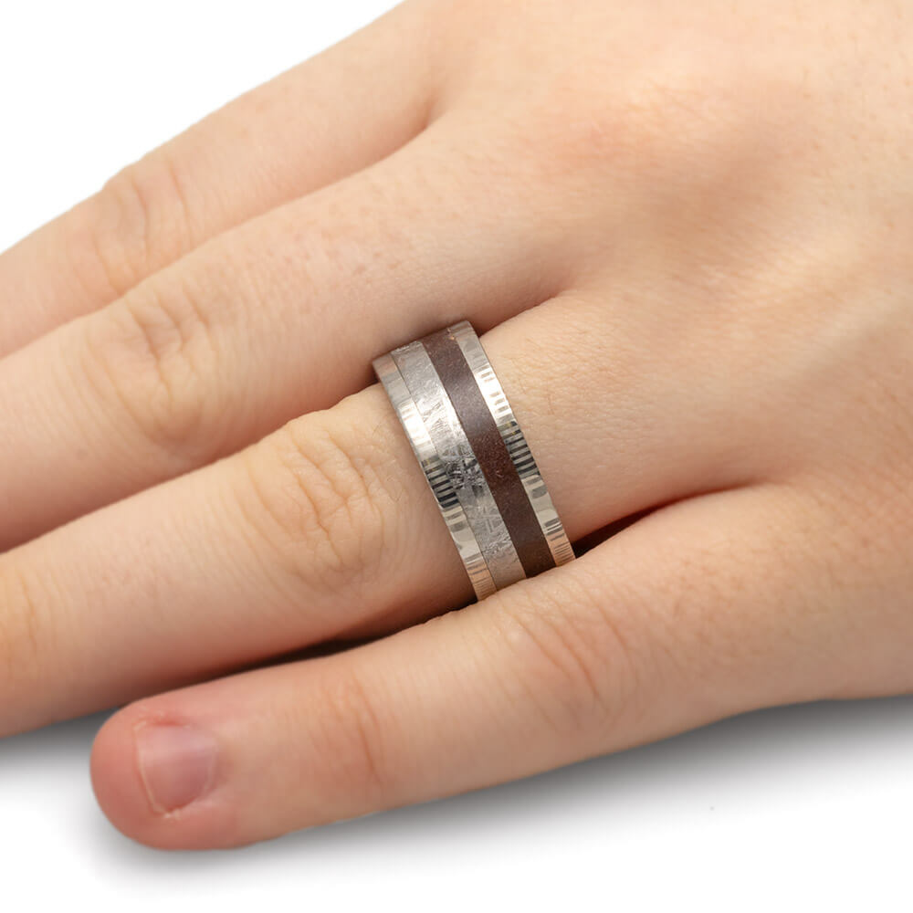 White Gold Ring with Damascus, Dinosaur Bone and Gibeon Meteorite-1726 - Jewelry by Johan