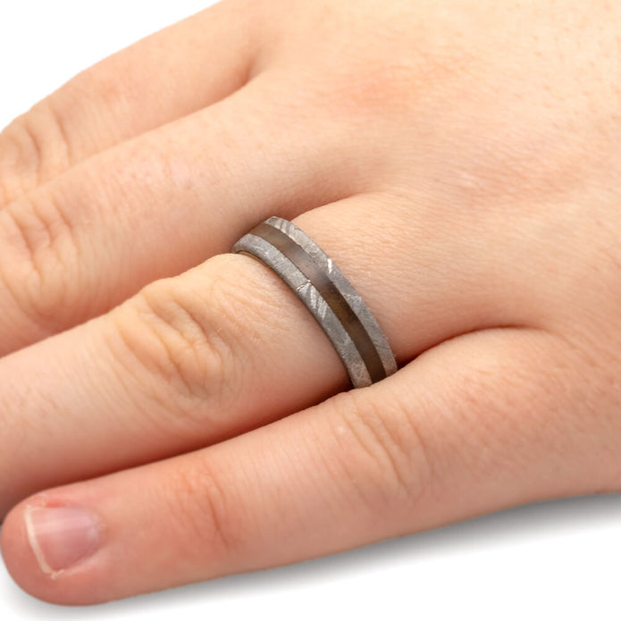 Meteorite and Petrified Wood Ring in Titanium Wedding Band-1728 - Jewelry by Johan