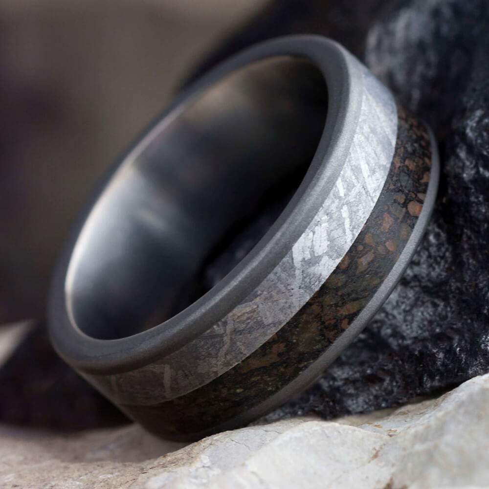 Meteorite and Dinosaur Bone Wedding Band in Sandblasted Titanium