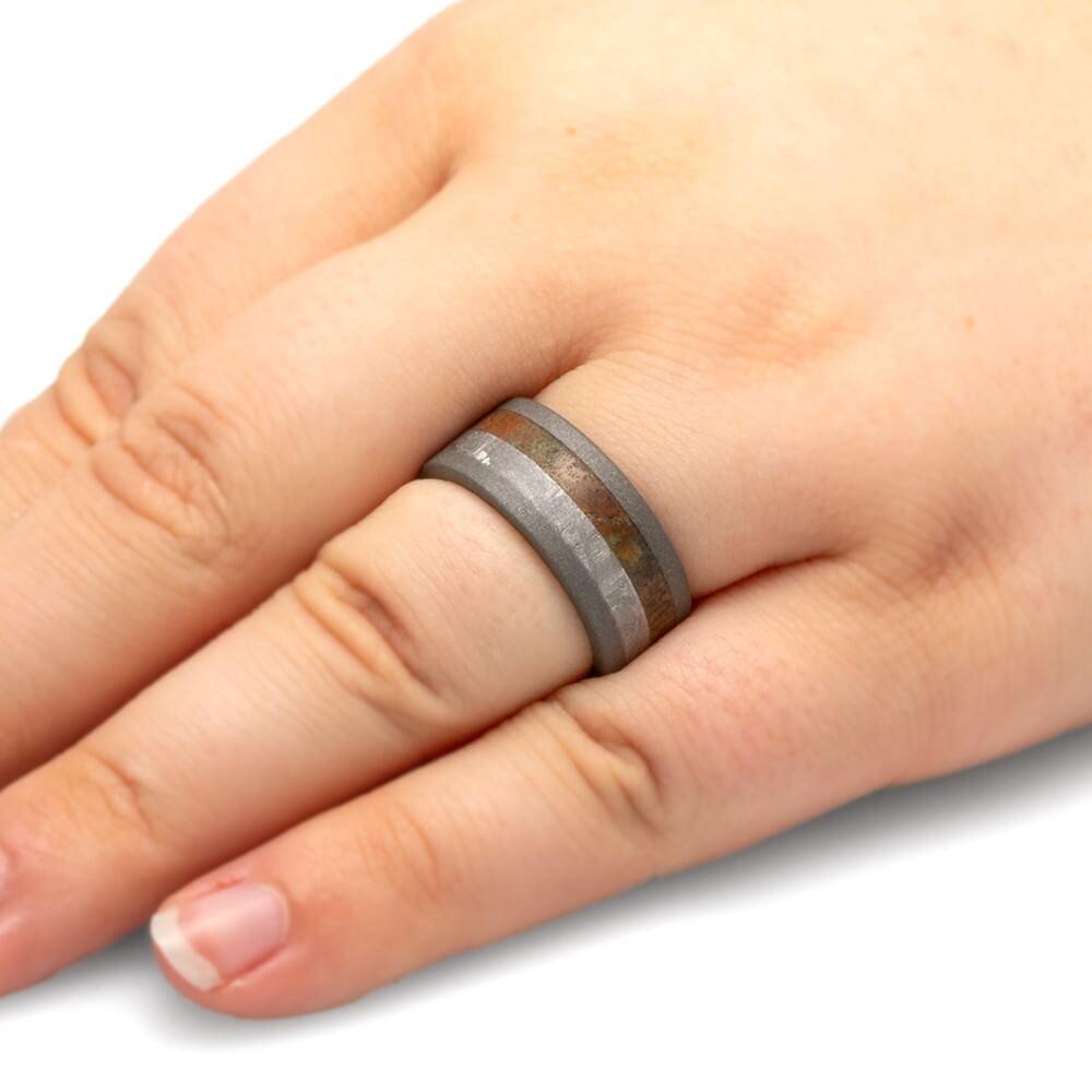 Meteorite Dinosaur Ring With Sandblasted Titanium Edges-1764 - Jewelry by Johan