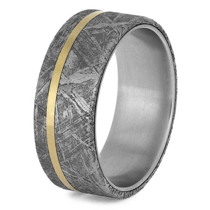 Meteorite Ring with Yellow Gold Pinstripe on Titanium Band-1767 - Jewelry by Johan