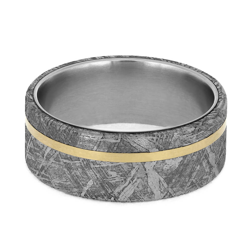 Meteorite Ring with Yellow Gold Pinstripe on Titanium Band-1767 - Jewelry by Johan