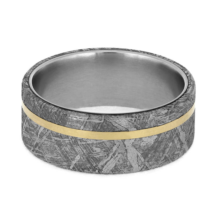 Meteorite Ring with Yellow Gold Pinstripe on Titanium Band-1767 - Jewelry by Johan