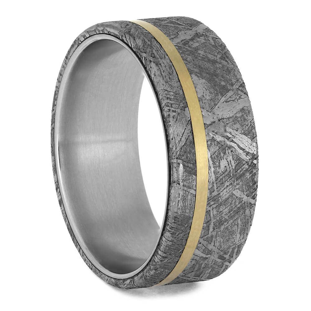 Meteorite Ring with Yellow Gold Pinstripe on Titanium Band-1767 - Jewelry by Johan