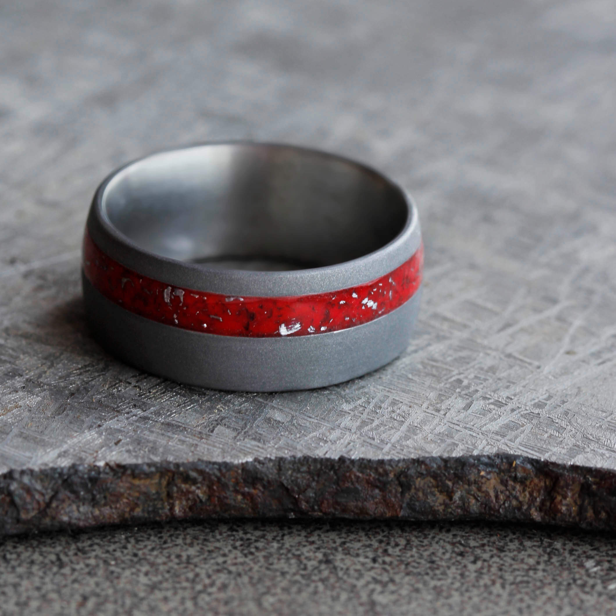 Red Stardust™ Men's Wedding Band In Sandblasted Titanium-2113 - Jewelry by Johan
