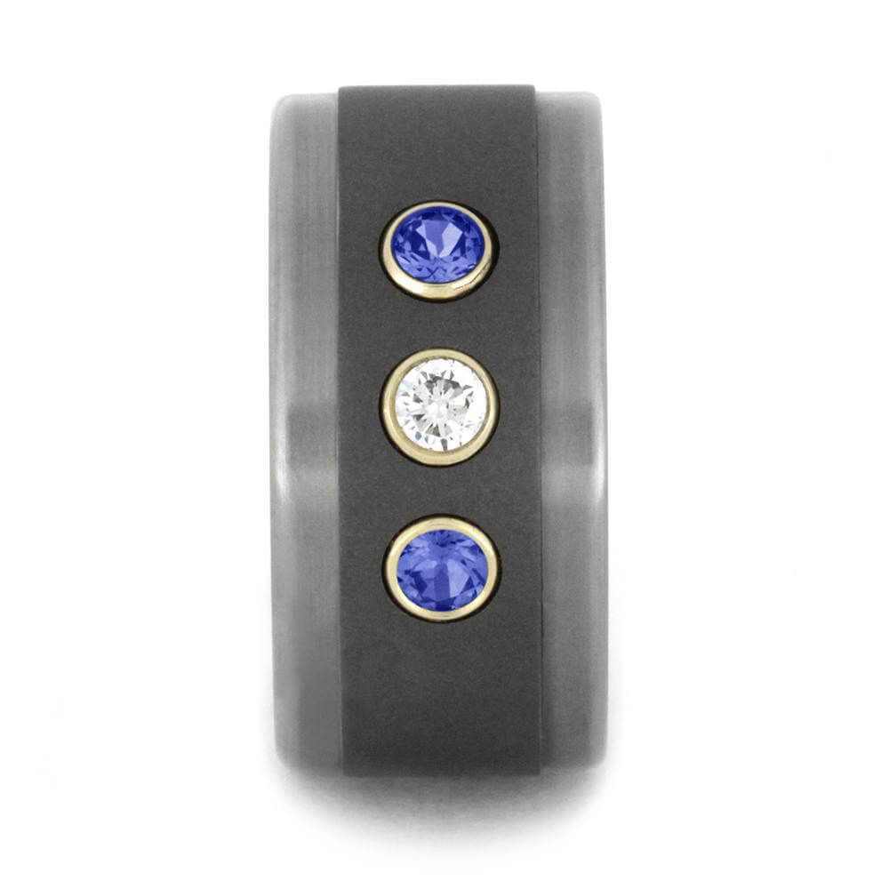 Titanium Ring with Diamond and Blue Sapphires Set in Yellow Gold-1814 - Jewelry by Johan