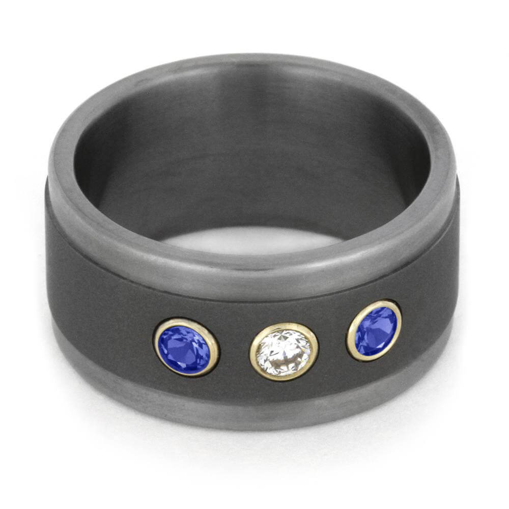 Titanium Ring with Diamond and Blue Sapphires Set in Yellow Gold-1814 - Jewelry by Johan