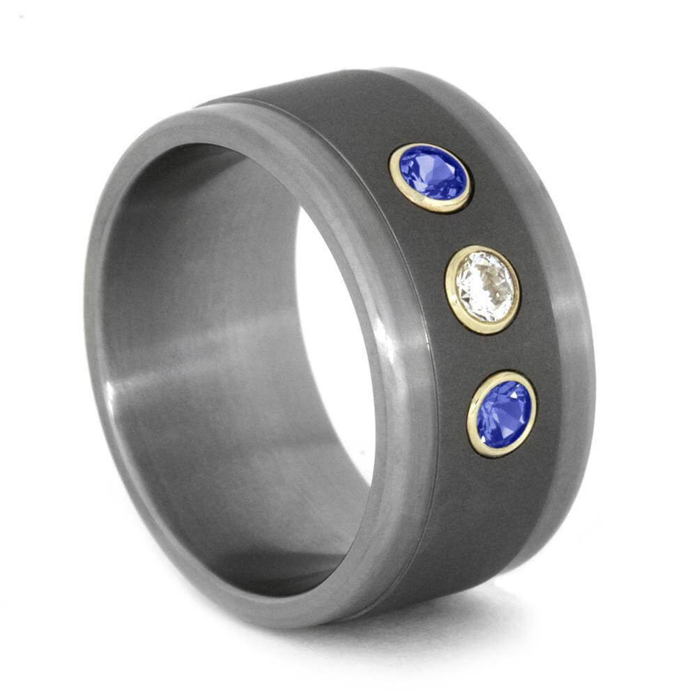 Titanium Ring with Diamond and Blue Sapphires Set in Yellow Gold-1814 - Jewelry by Johan