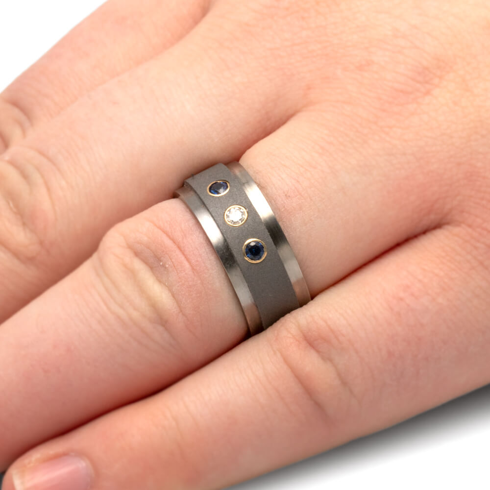 Titanium Ring with Diamond and Blue Sapphires Set in Yellow Gold-1814 - Jewelry by Johan