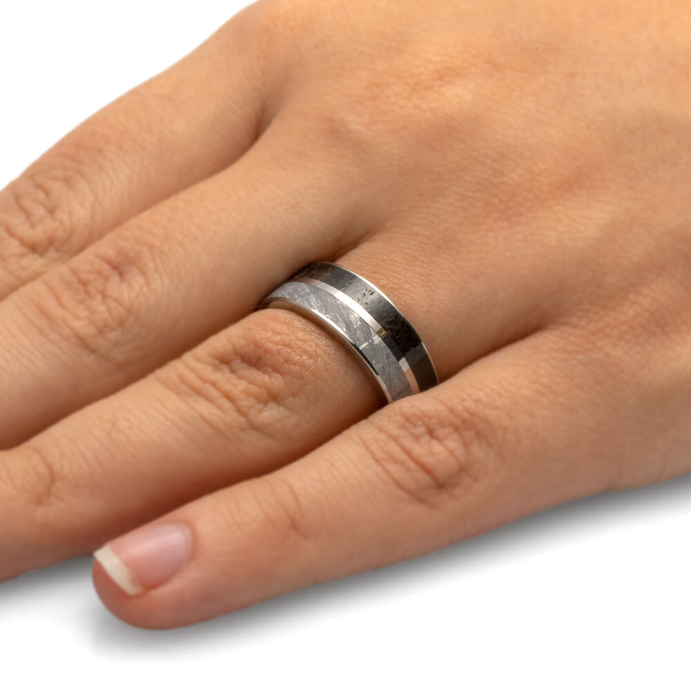 Dinosaur Bone Wedding Band With A Diamond In Meteorite-1835 - Jewelry by Johan