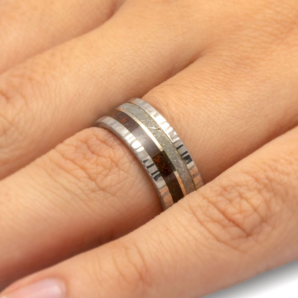 Mens White Gold Wedding Band With Damascus, Meteorite and Dinosaur Bone-1839 - Jewelry by Johan