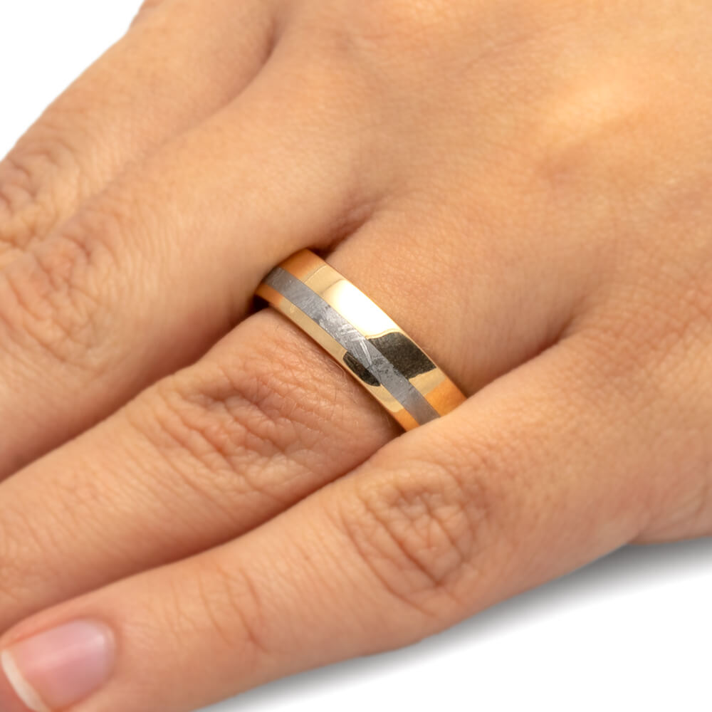Yellow Gold Ring with Meteorite & Whiskey Barrel Wood-1846 - Jewelry by Johan