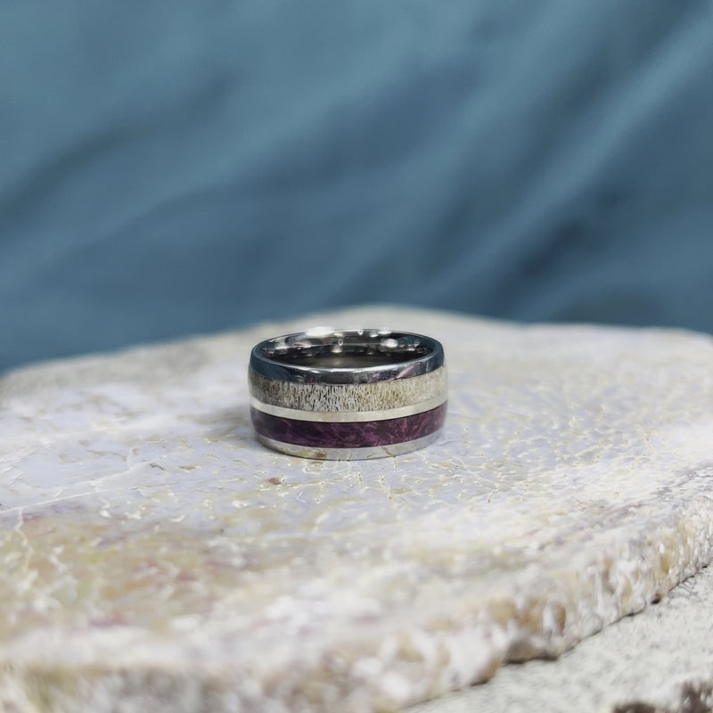 Purple Wood & Antler Wedding Band With Gold Pinstripe