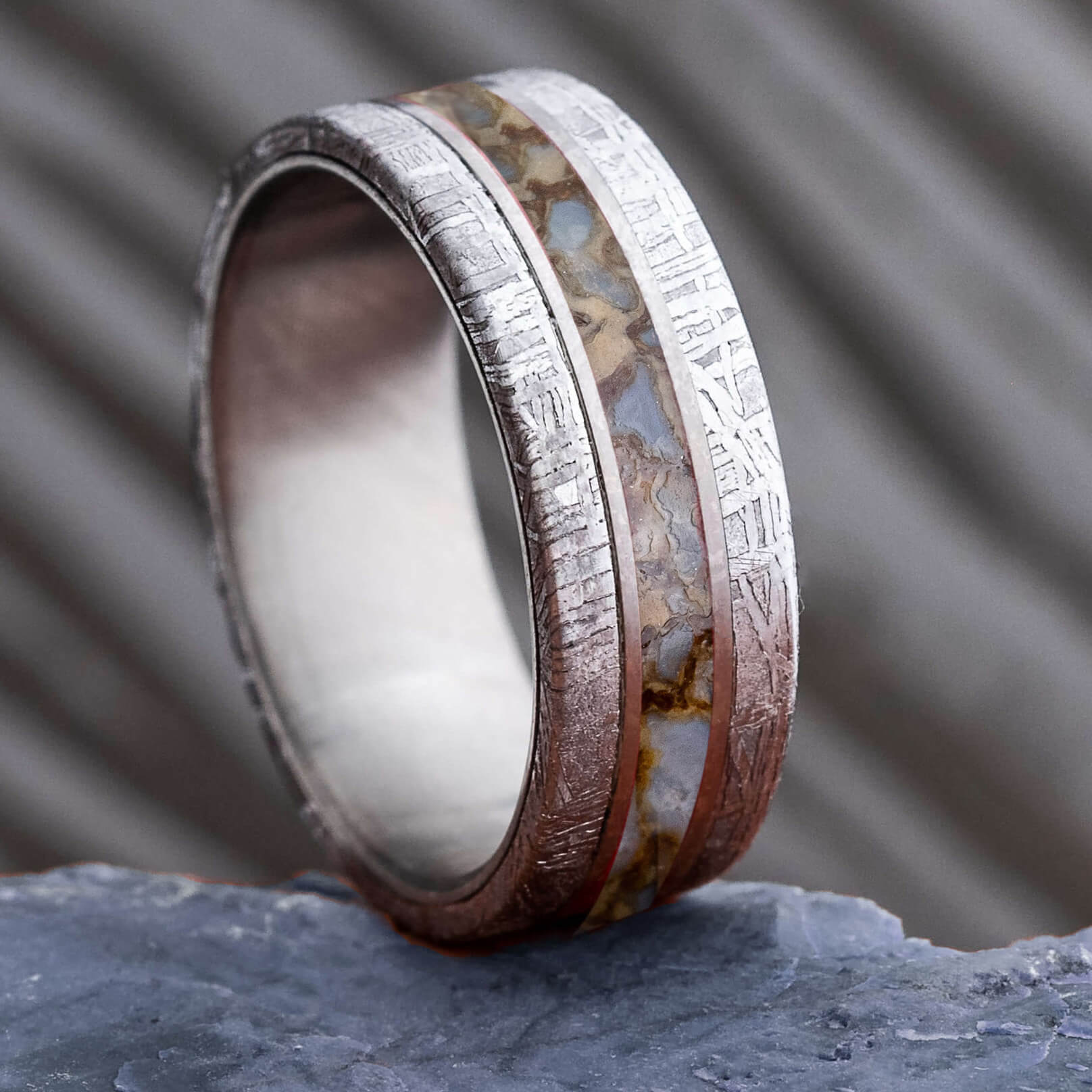 Non Conductive Black Ceramic and Silver Glass Fiber Wedding Ring
