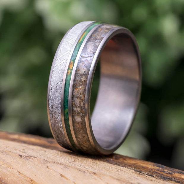 Meteorite and Green Wood Wedding Band