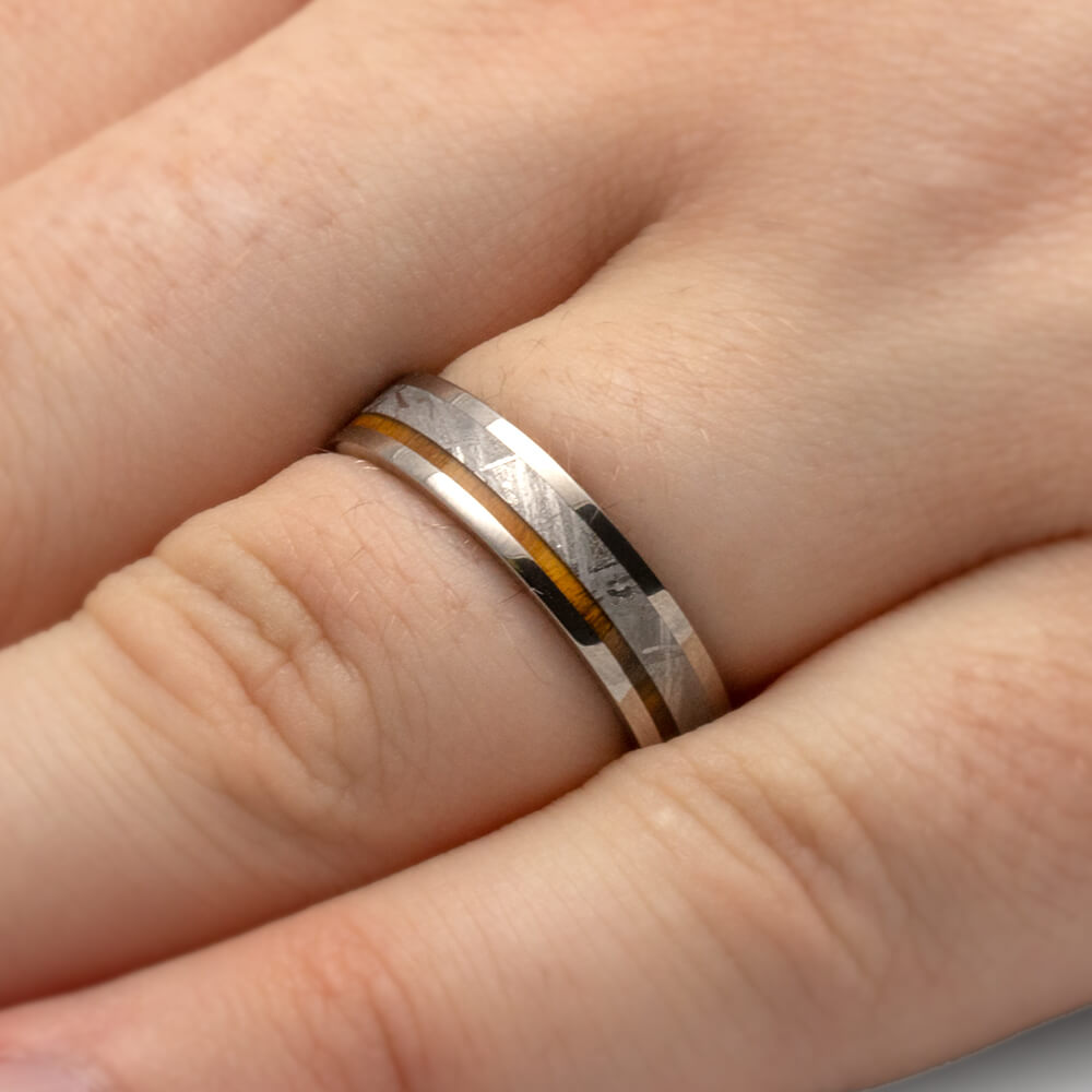 Titanium Wedding Band With Meteorite And Lignum Vitae Wood-1918 - Jewelry by Johan