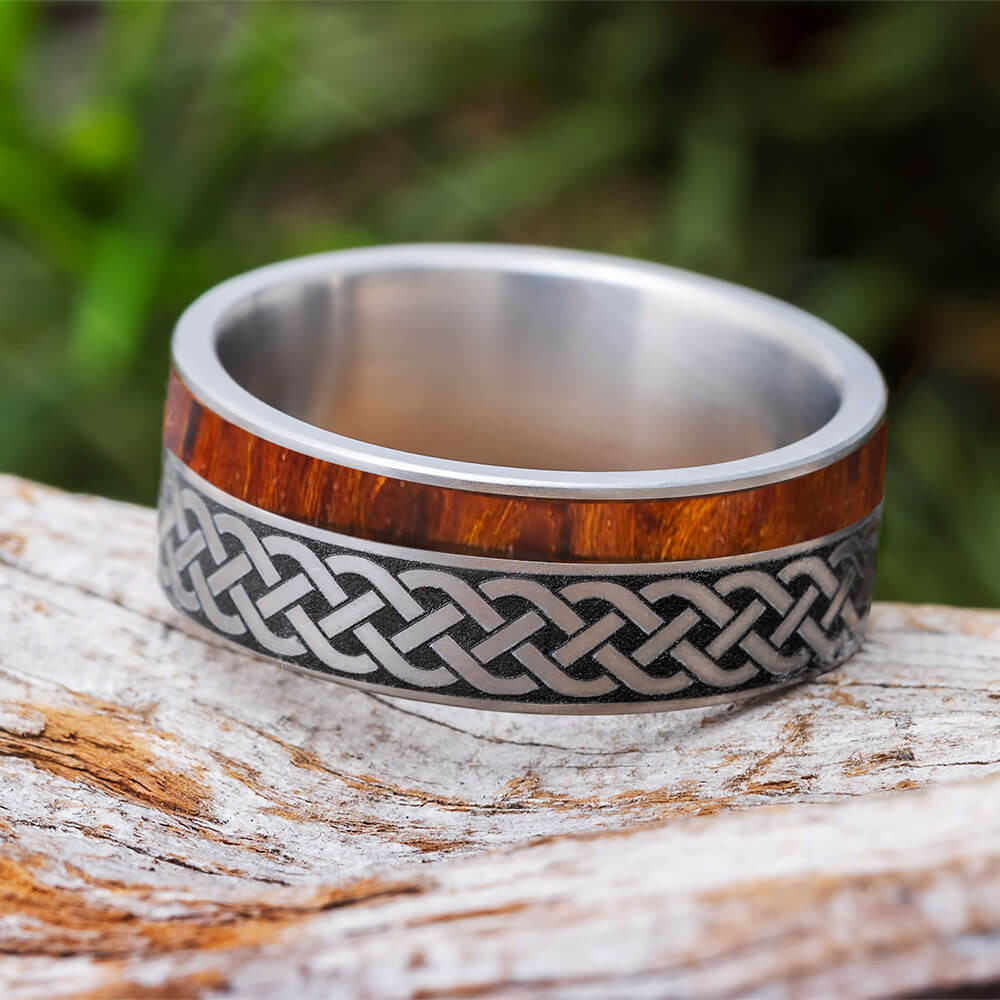 Celtic Eternity Band, Engraved Titanium Ring With Wood Inlay - Jewelry by Johan