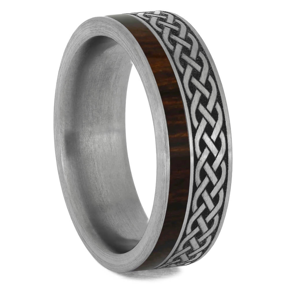 Celtic Eternity Band, Engraved Titanium Ring With Wood Inlay - Jewelry by Johan