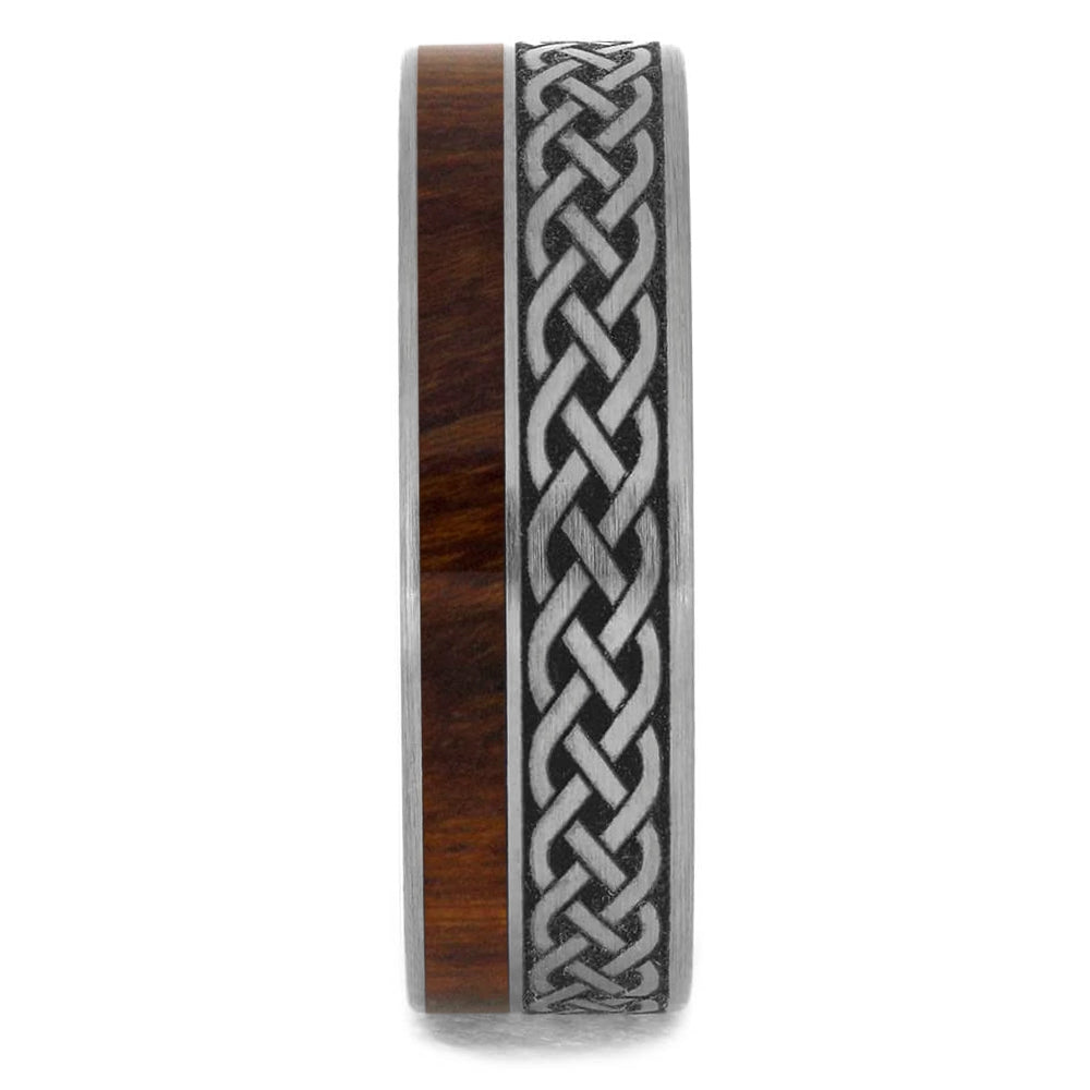 Celtic Eternity Band, Engraved Titanium Ring With Wood Inlay - Jewelry by Johan