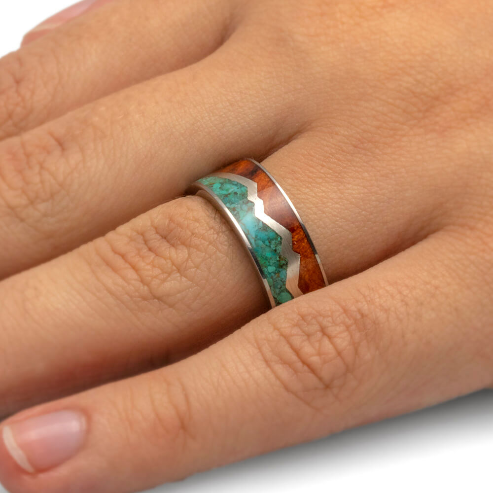 Turquoise Ring With Redwood and Silver Zig Zag in Titanium-1928 - Jewelry by Johan