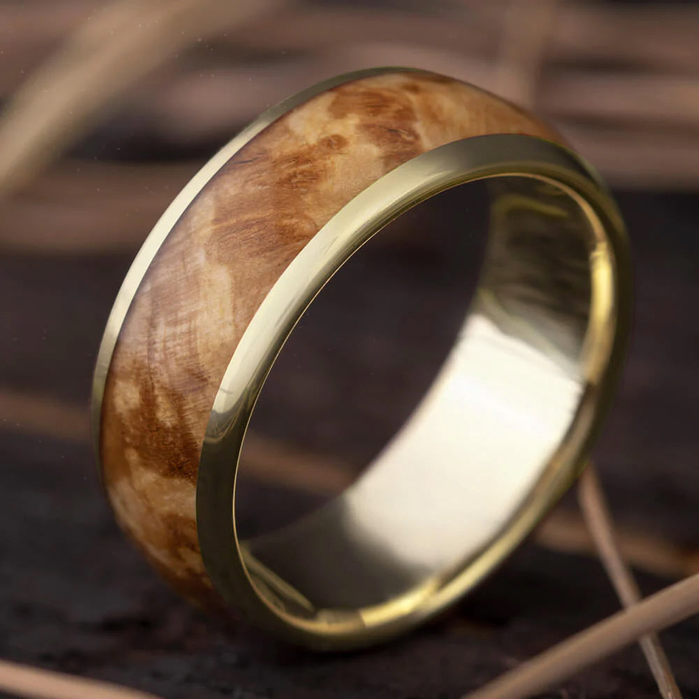 Solid yellow Gold Ring with Wood Inlay