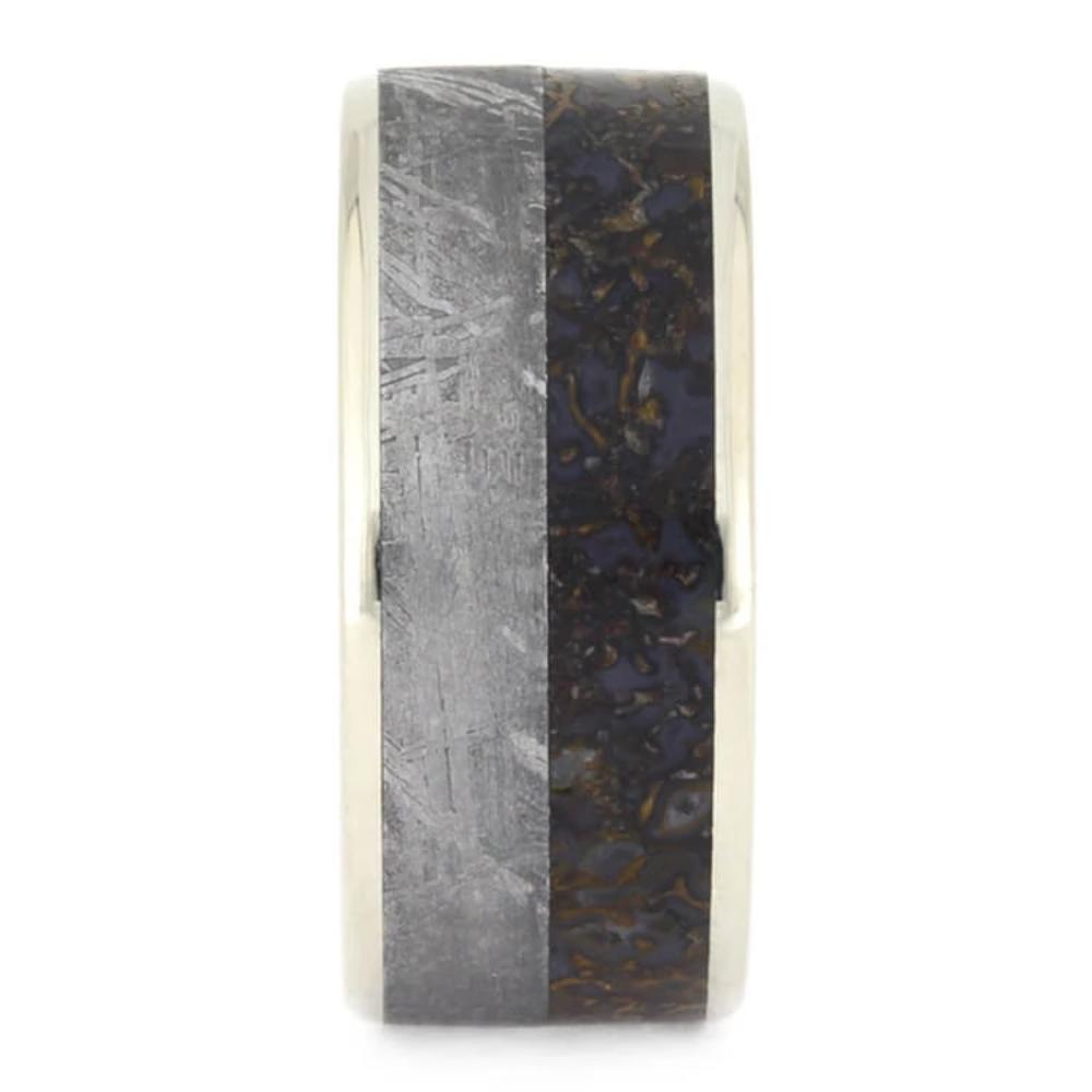 White Gold Men's Wedding Band With Meteorite and Dinosaur Bone-2546 - Jewelry by Johan