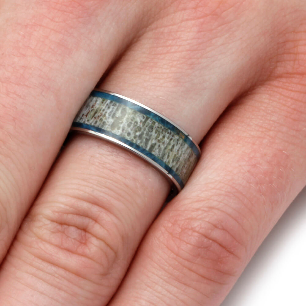 Antler Wedding Band With Blue Box Elder Burl Wood-2510 - Jewelry by Johan