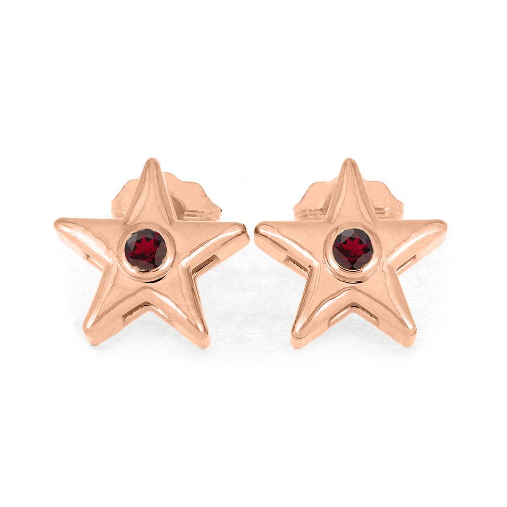 Rose gold star stud earrings with red birthstone