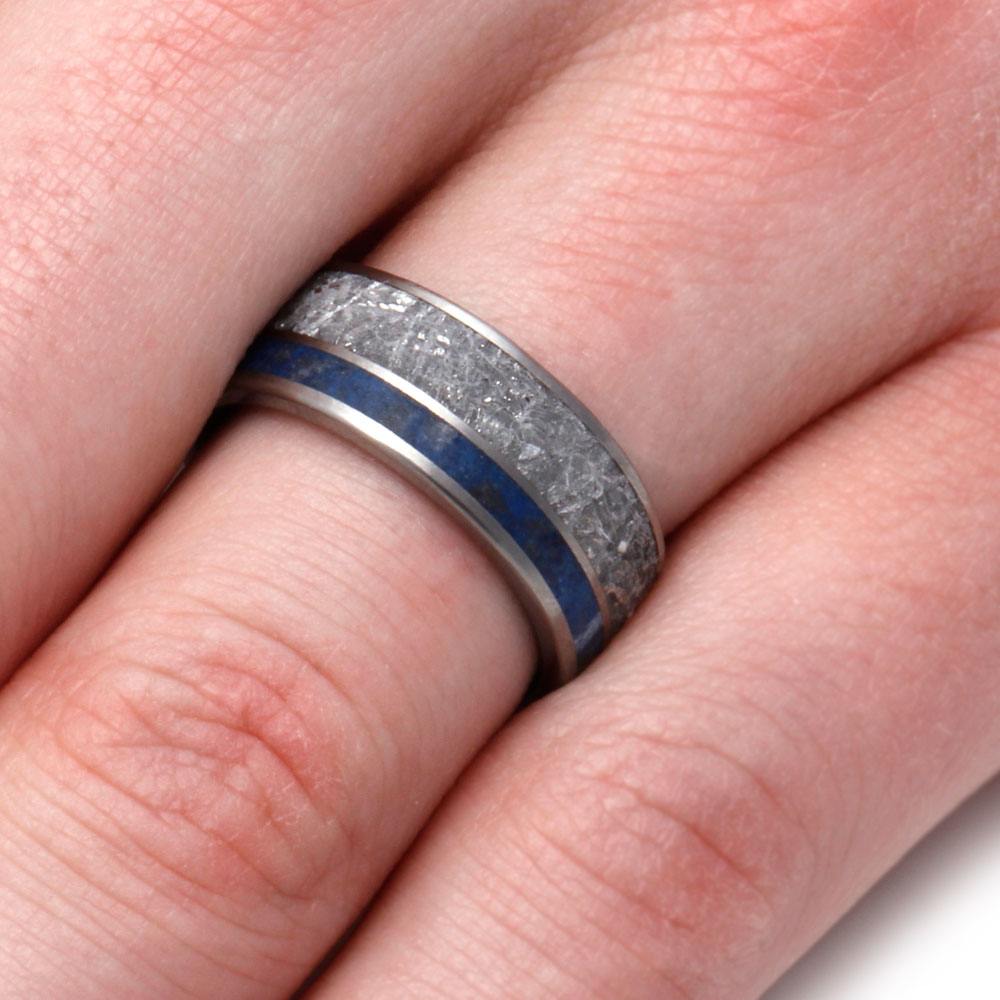 Meteorite Men's Wedding Band With Lapis Lazuli In Titanium Ring-2977 - Jewelry by Johan