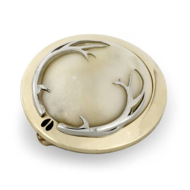 Elk Ivory Brooch in Yellow Gold Bezel with 14k White Gold Antlers