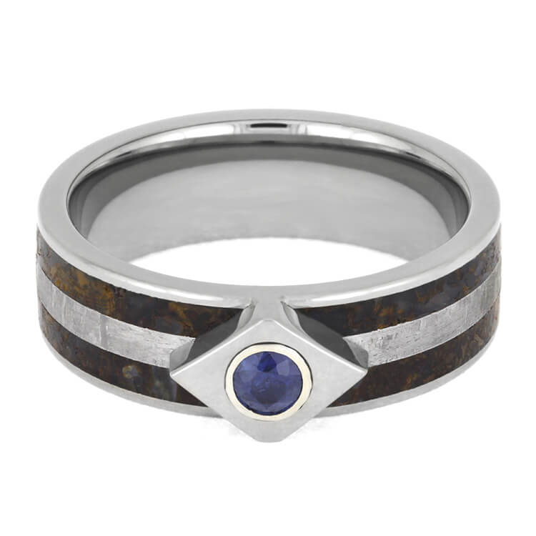 Meteor Engagement Ring With Sapphire, Titanium Ring Inlaid With Dinosaur Bone-2550 - Jewelry by Johan