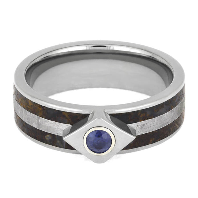 Meteor Engagement Ring With Sapphire, Titanium Ring Inlaid With Dinosaur Bone-2550 - Jewelry by Johan