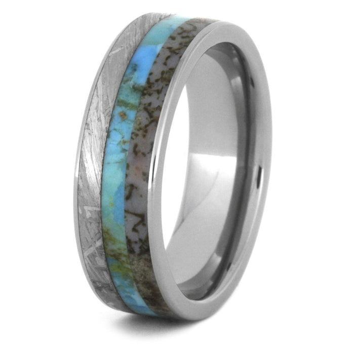 Turquoise Men's Wedding Band, Meteorite Ring With Dino Bone-3501 - Jewelry by Johan