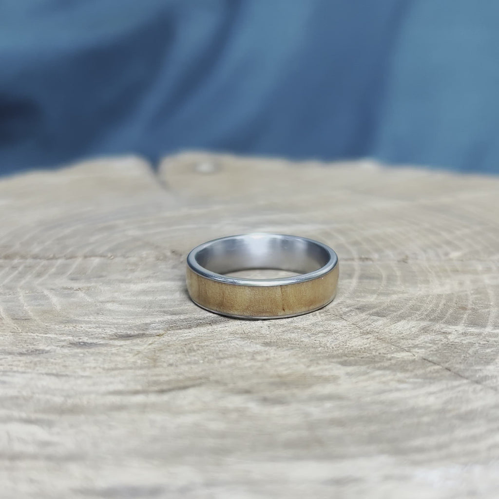 Rowan Wood Ring on Titanium Sleeve, Good Luck Ring
