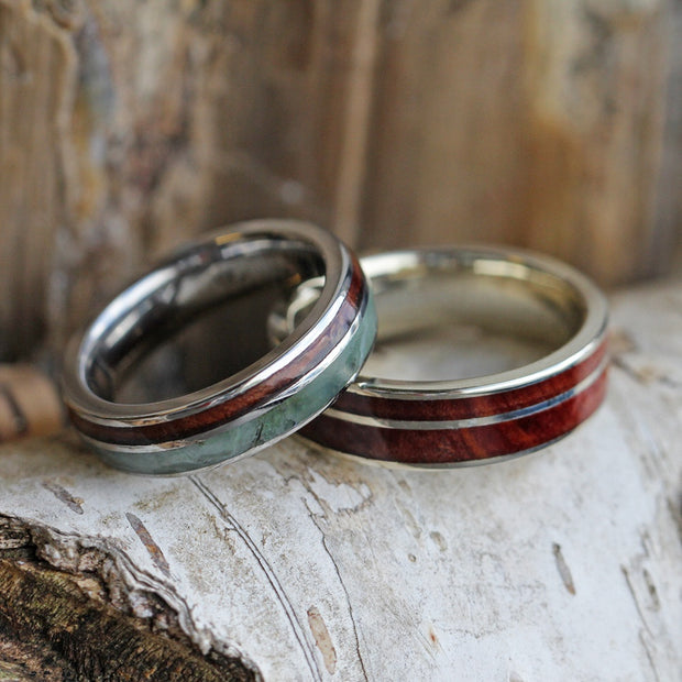 Green Jade Wedding Band Set With Redwood And Cedar Wood