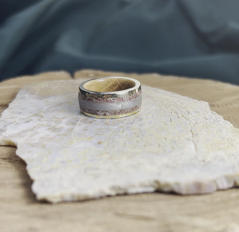 Meteorite Men's Wedding Band With Whiskey Oak Sleeve & Gold Pinstripes