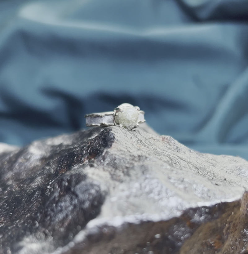 Rough Diamond Engagement Ring, Meteorite Ring With Wavy Design