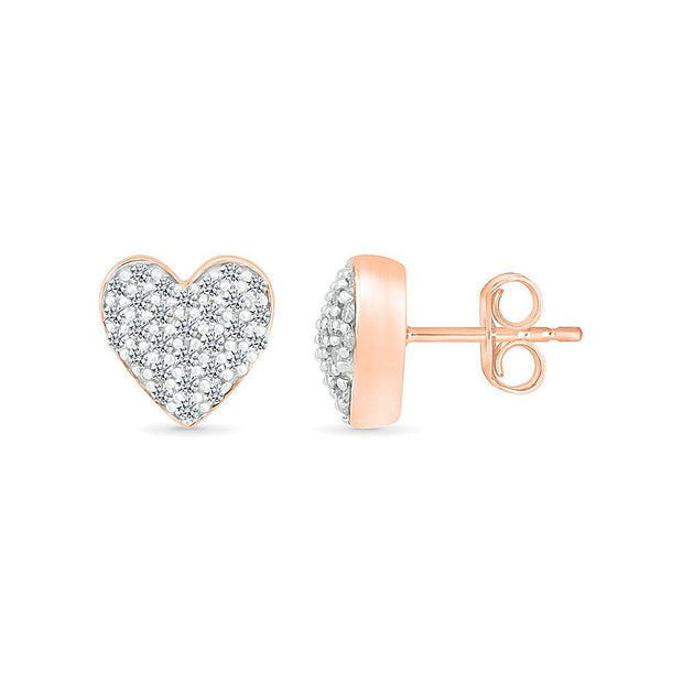 Heart Stud Earrings with Diamonds, White Gold or Sterling Silver - JBJ