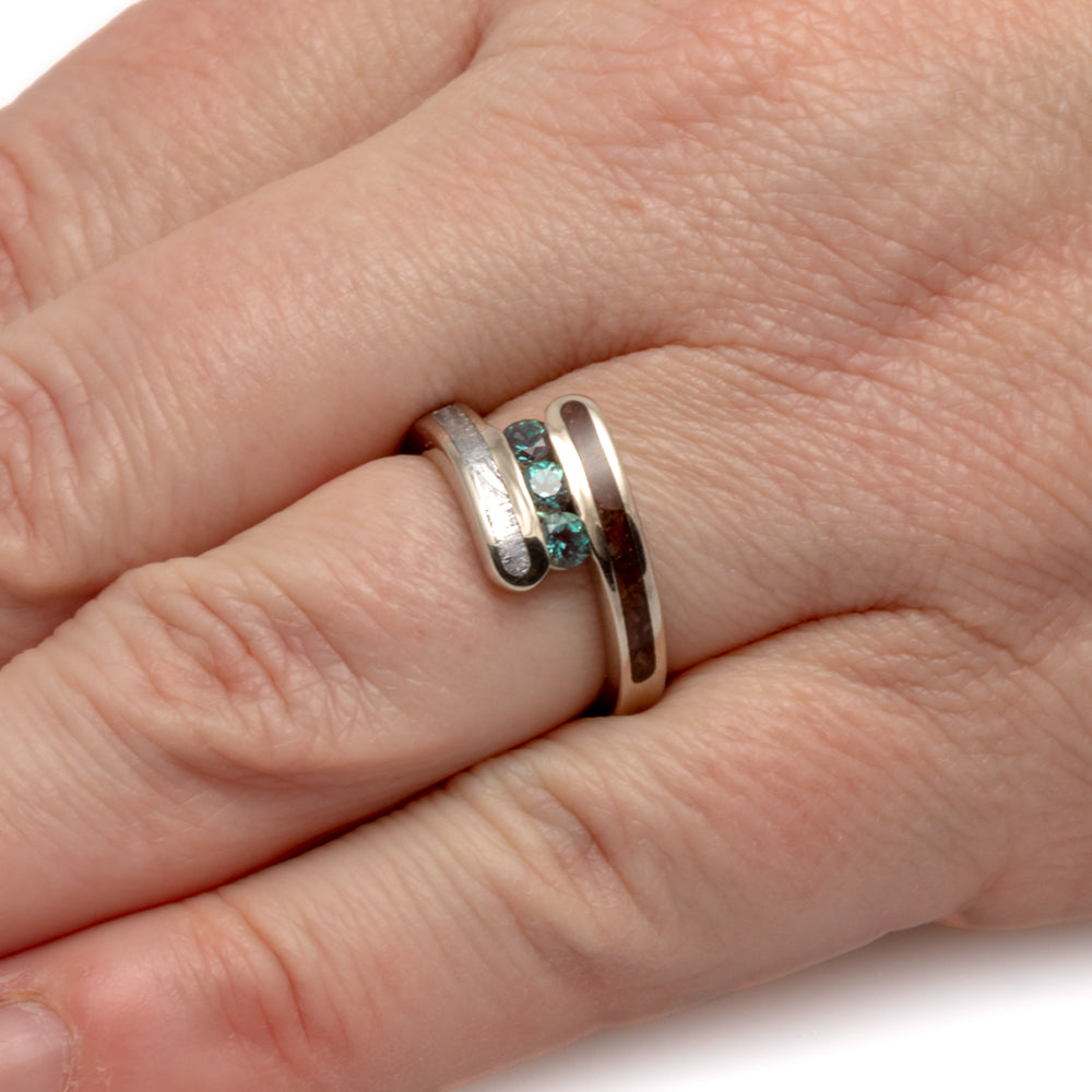 Alexandrite Three Stone Ring With Dinosaur Bone In White Gold-2007 - Jewelry by Johan