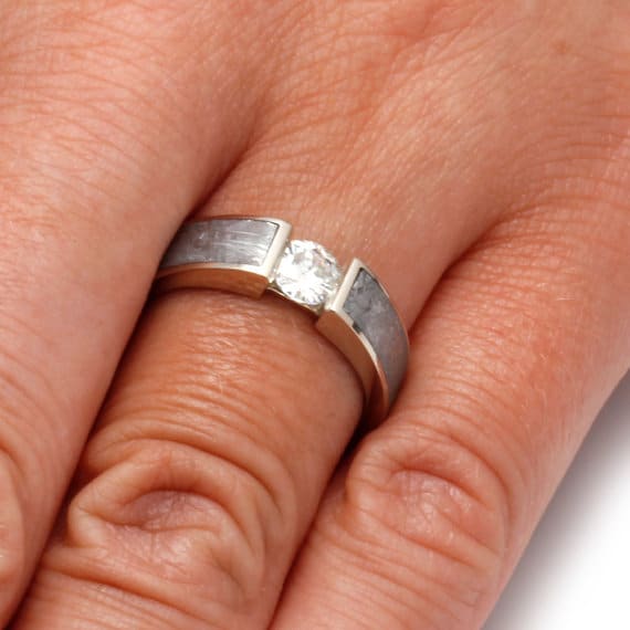 Tension Set White Sapphire Ring with Meteorite in White Gold-1805 - Jewelry by Johan