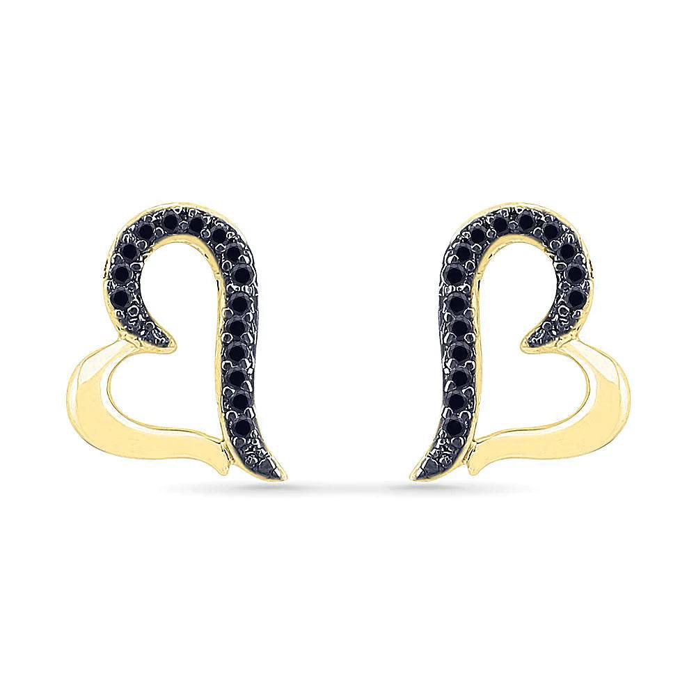 Yellow Gold Heart Earrings With Black Diamonds